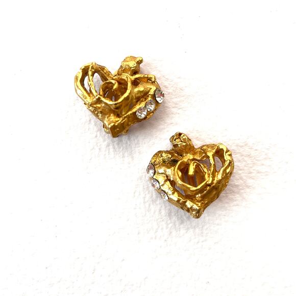 Vintage Christian Lacroix Heart Shaped Postmodern Gold Jeweled Cli On Earrings - Picture 4 of 9